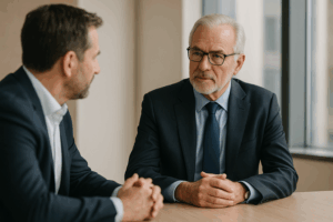 Unternehmer im Gespräch mit neuem Investor – Symbolbild für emotionalen Unternehmensverkauf und Verbleib als Geschäftsführer